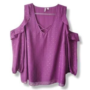 Cato Women Cold Shoulder Purple Clip Dot Blouse Top 2X Cocktail Dressy Elegant